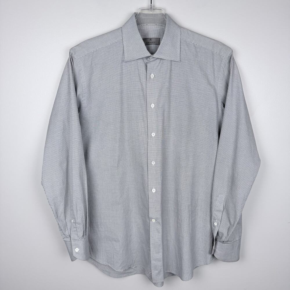 Canali Dress Shirt Men's 16.5/42 Gray Micro Check Business Old Money Italy Made